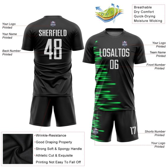 Custom Black White-Kelly Green Sublimation Soccer Uniform Jersey