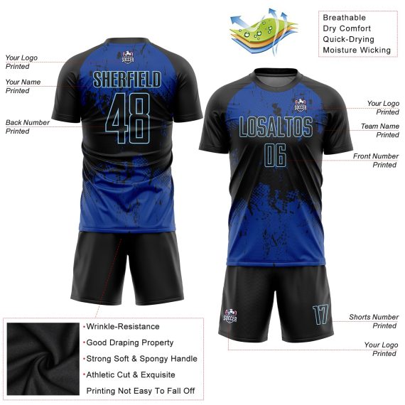 Custom Black Black-Royal Sublimation Soccer Uniform Jersey