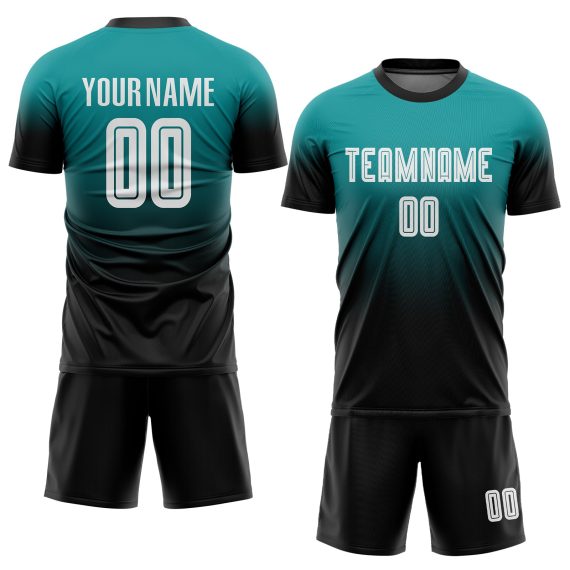 Custom Aqua White-Black Sublimation Fade Fashion Soccer Uniform Jersey